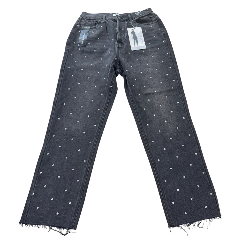 Simple Society Black Grey Rhinestone Straight Leg Jeans Super High Rise 9/29 NWT